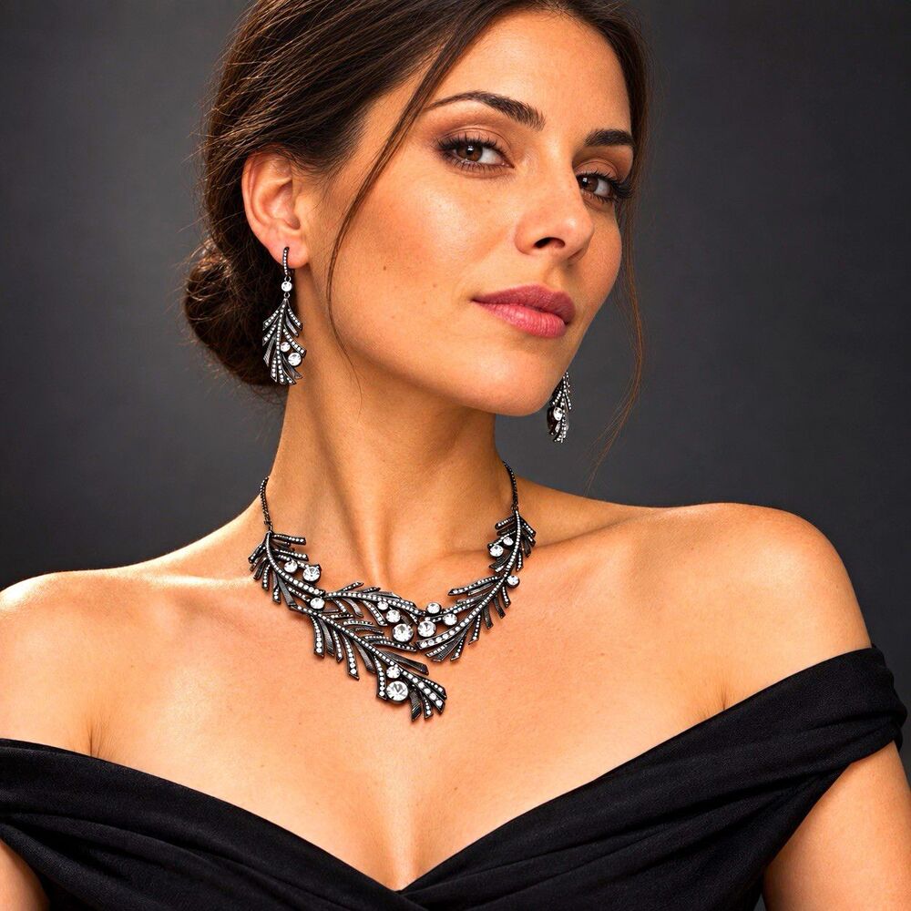 Givenchy Signed Crystal Feather Statement Necklace Earrings Set